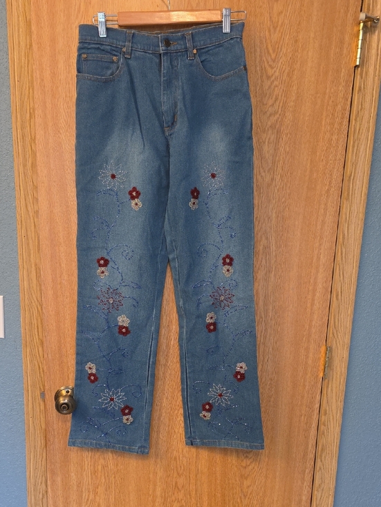 Denim - J. Marco Embellished Blue Denim Jeans with Floral Beading